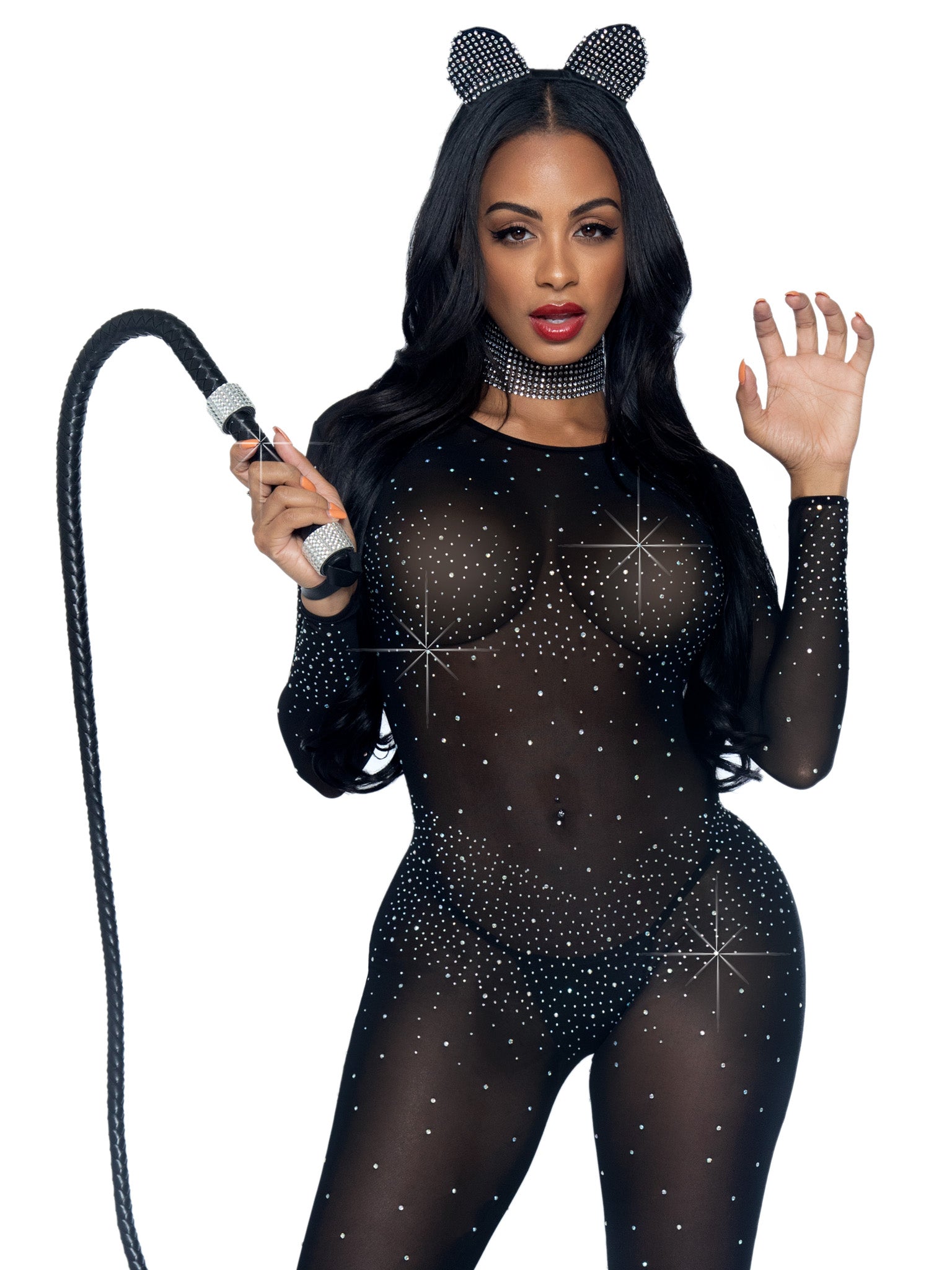 Transparenter Strass-Catsuit mit langen Ärmeln